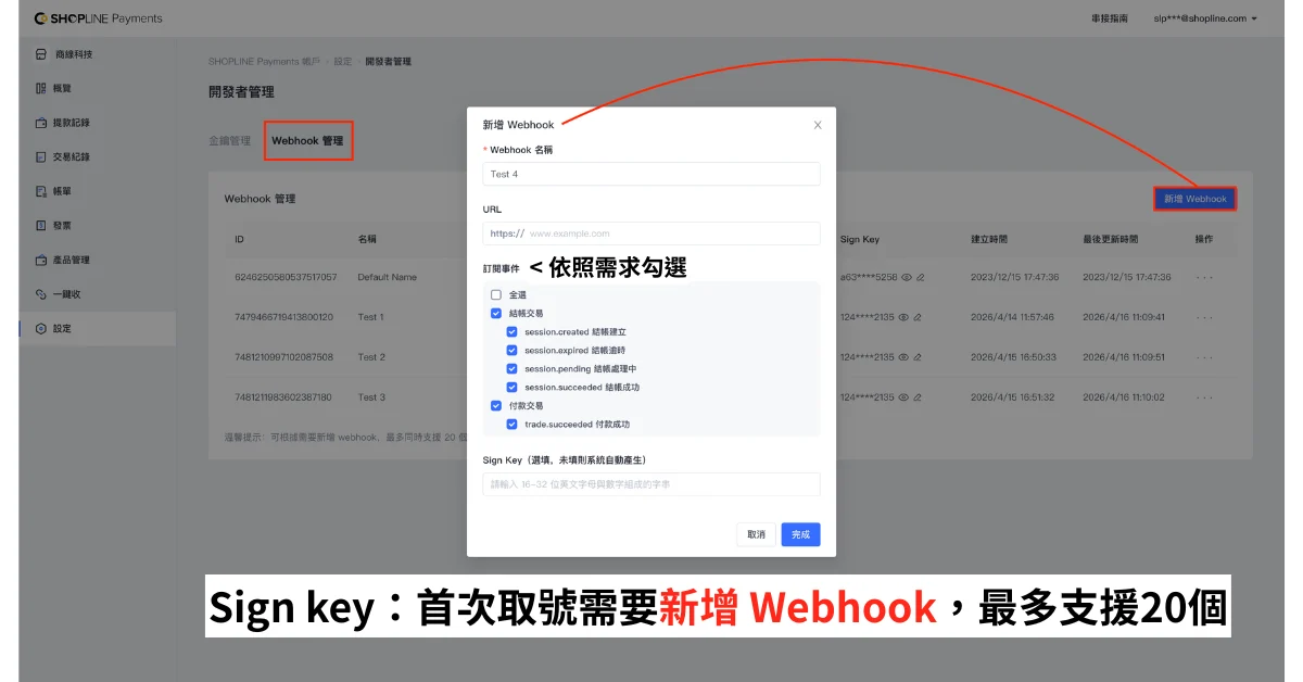 Webhook 管理：sign Key 0