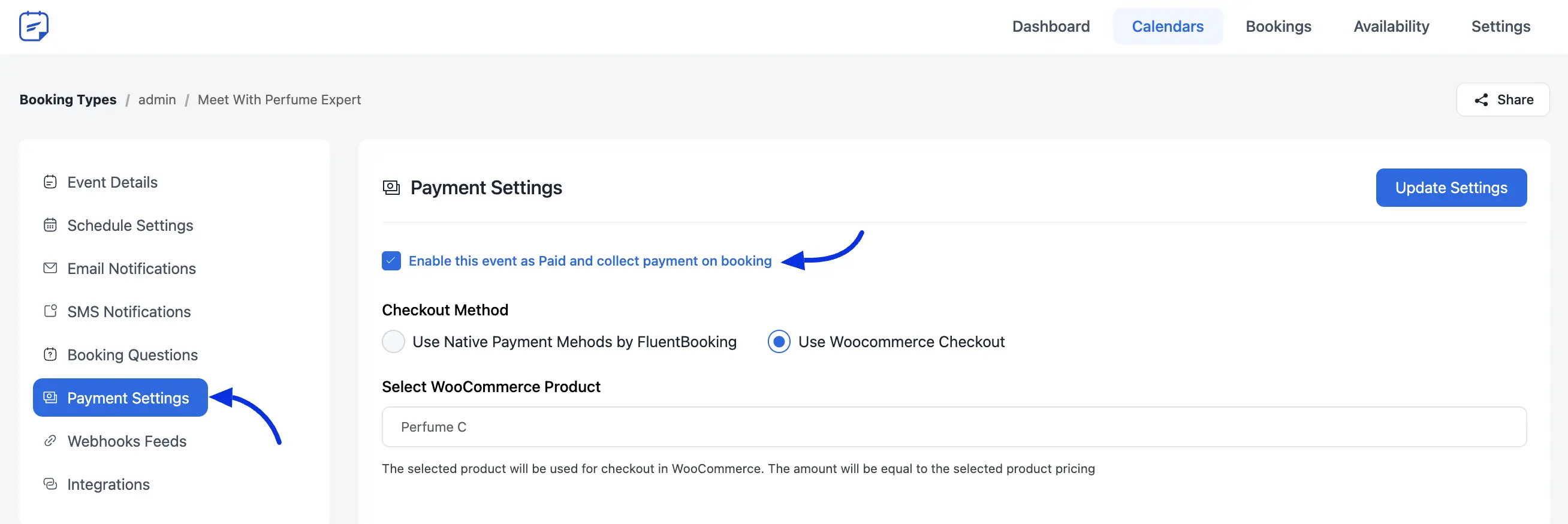 活動類型的付款設定，勾選收費並選擇用 WooCommerce 結帳，再指定對應商品