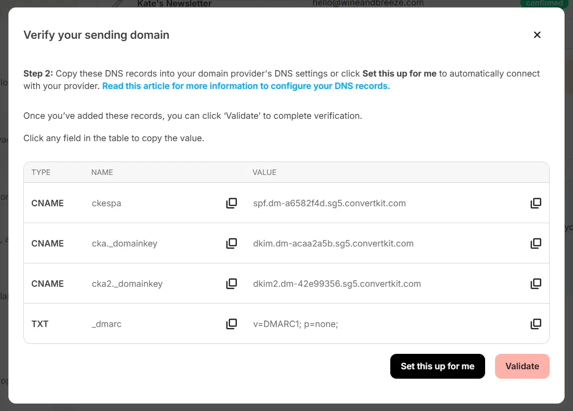 Kit 列出要新增的 DNS 記錄表格,含 TYPE、NAME、VALUE 三欄