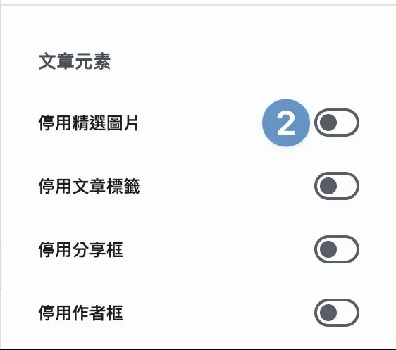 文章元素區塊包含停用精選圖片、停用文章標籤、停用分享框、停用作者框