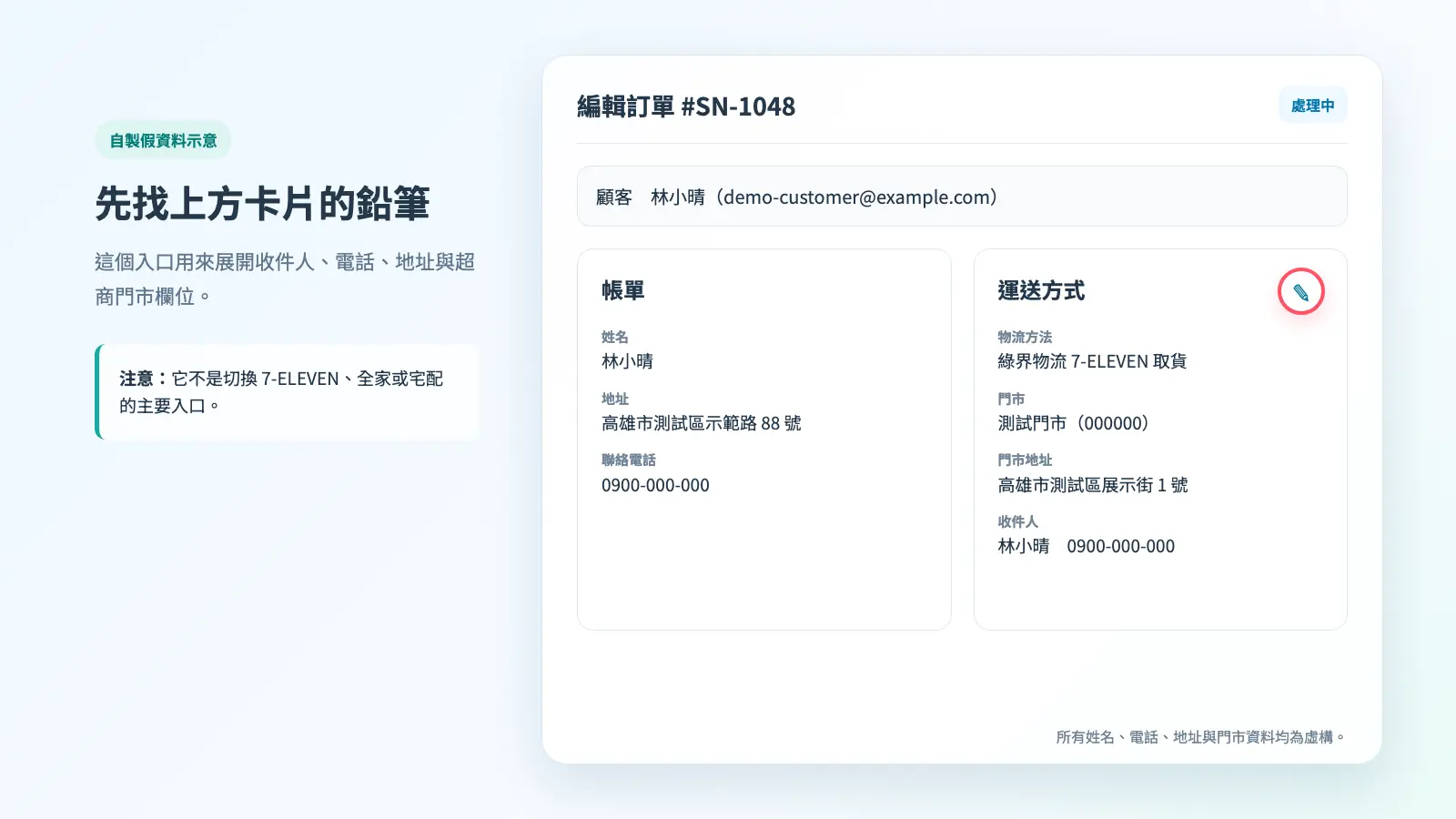 單筆訂單上方的運送方式卡片與編輯鉛筆