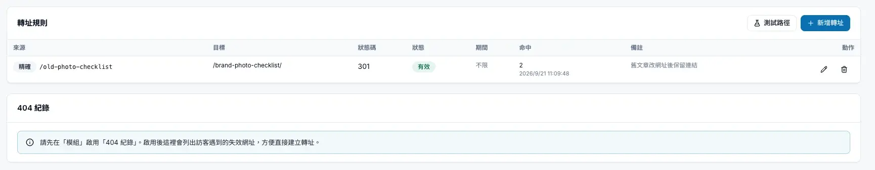 轉址規則列表會顯示來源、目標、狀態碼、狀態與命中次數