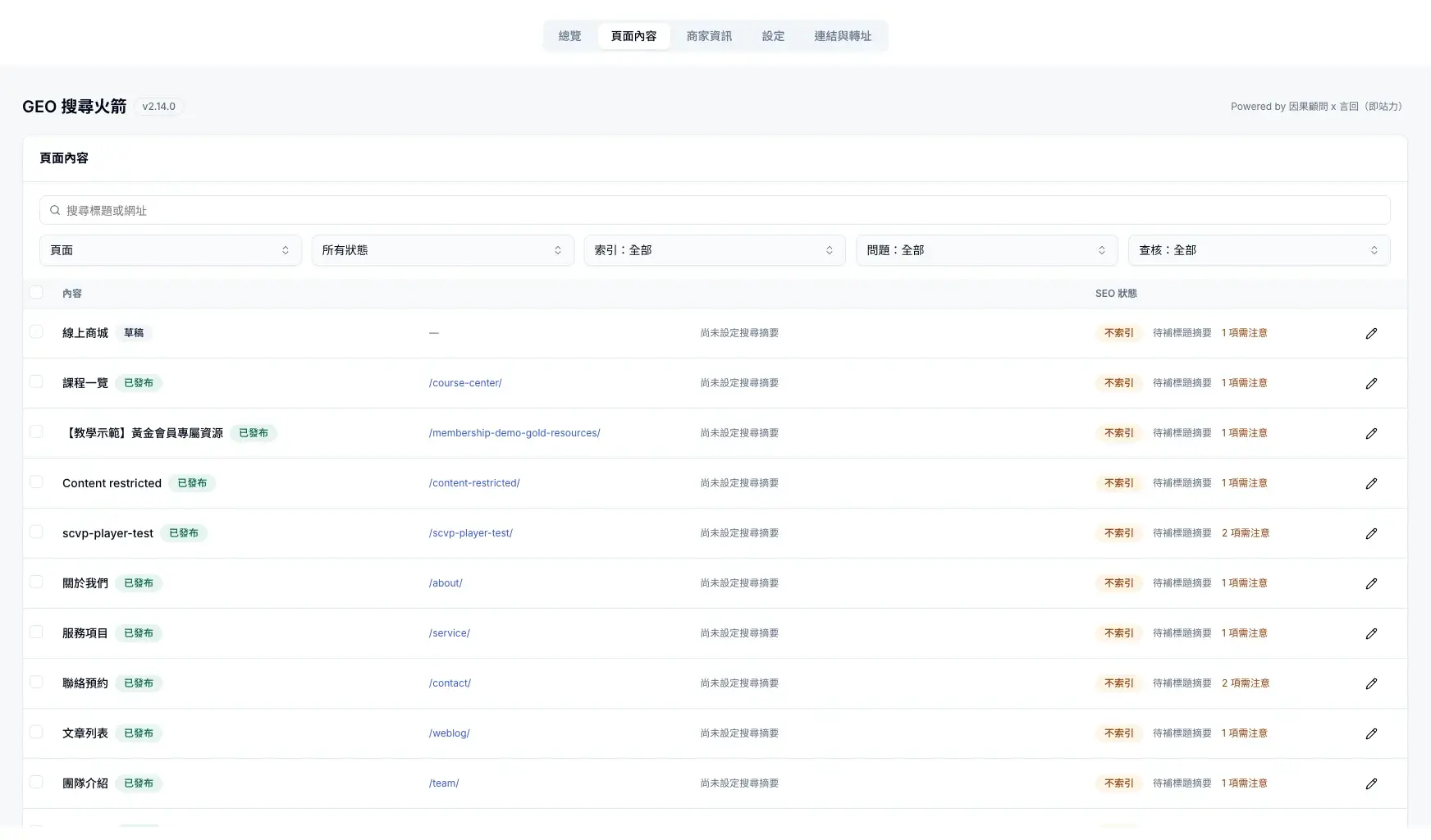 在 SEO 設定的頁面內容依類型找到各頁面，檢查搜尋與分享設定