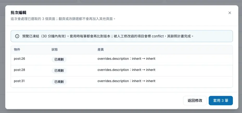 預覽會逐頁列出這次修改的差異,確認後再套用